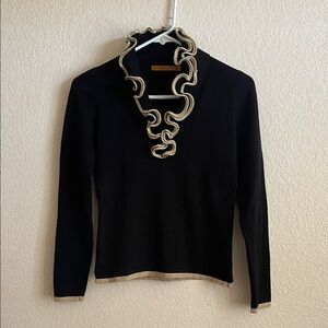 Bellini Black Sweater with Cream Ruffled Trim